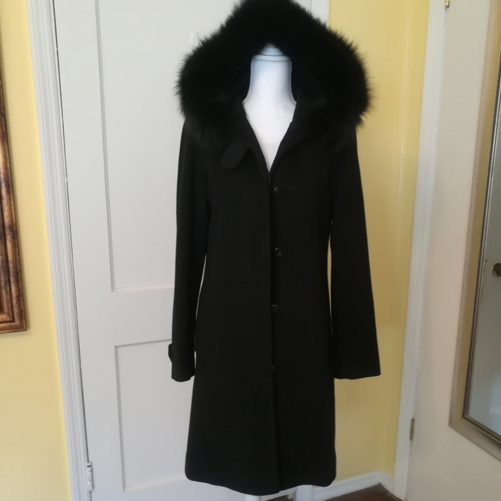 SOLD. Fox fur Hooded Wool Maxi Coat